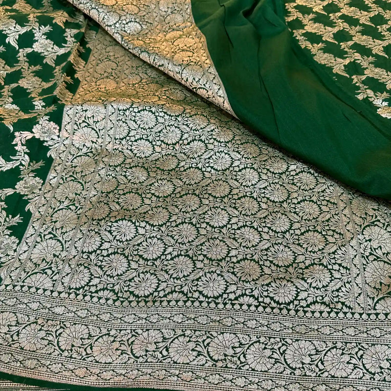 Dark Green Floral Munga Silk Banarasi Saree