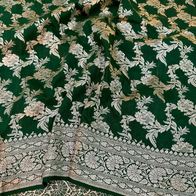 Dark Green Floral Munga Silk Banarasi Saree