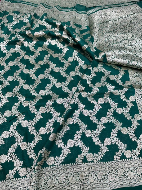 Dark Green Floral Munga Silk Banarasi Saree