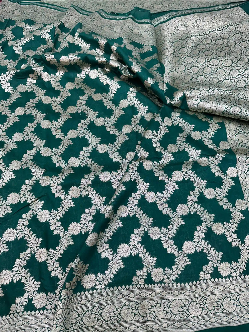 Dark Green Floral Munga Silk Banarasi Saree