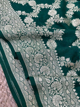 Dark Green Floral Munga Silk Banarasi Saree