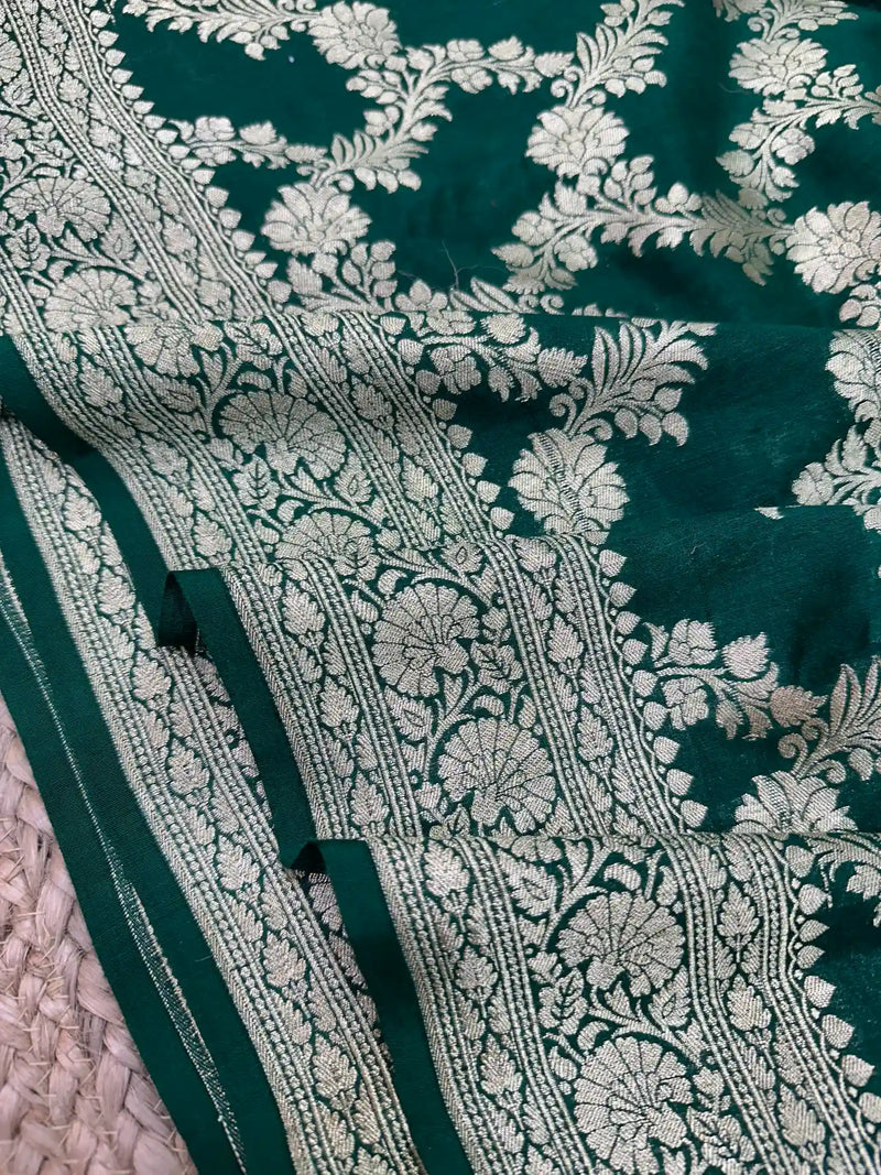 Dark Green Floral Munga Silk Banarasi Saree