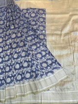 Dark Grey Contrast Pure Munga Silk Saree