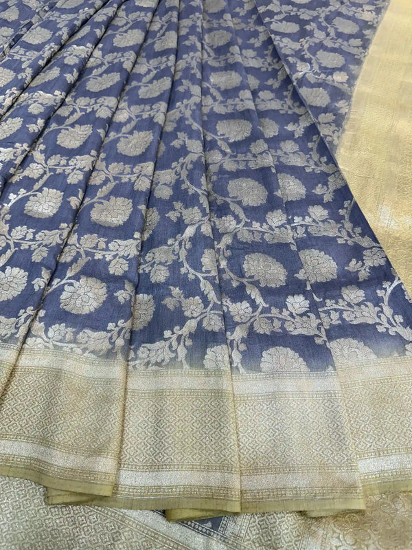 Dark Grey Contrast Pure Munga Silk Saree