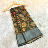 Dark Mehandi Green Crush Tissue Silk Kalamkari Saree