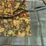 Dark Mehandi Green Crush Tissue Silk Kalamkari Saree