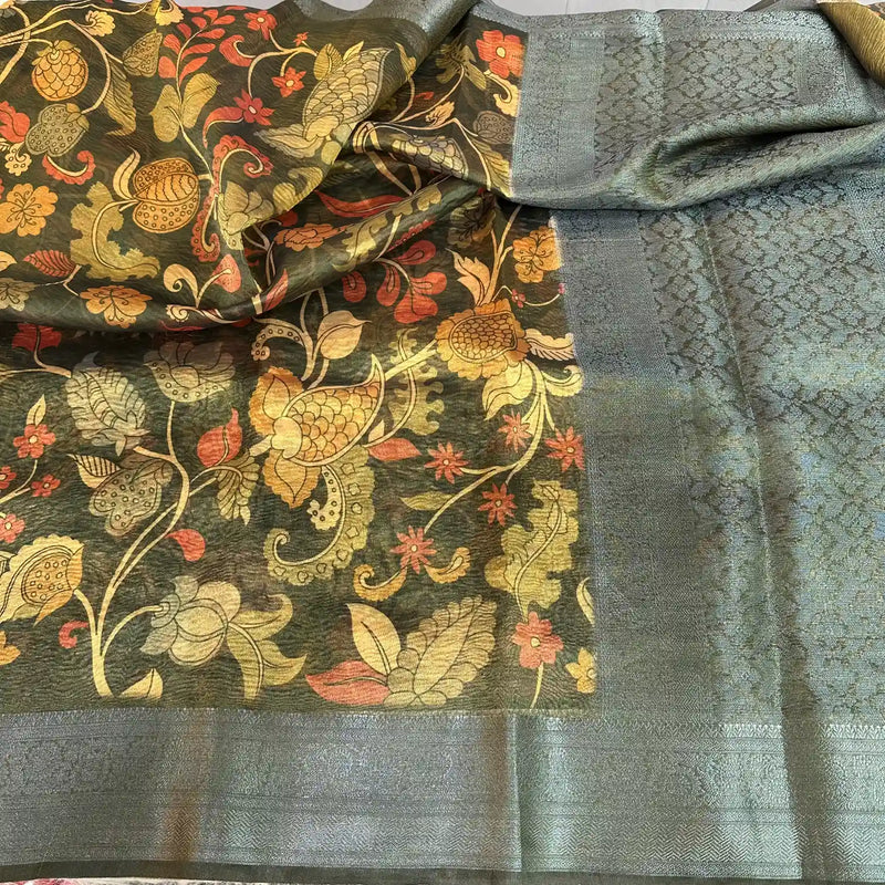 Dark Mehandi Green Crush Tissue Silk Kalamkari Saree