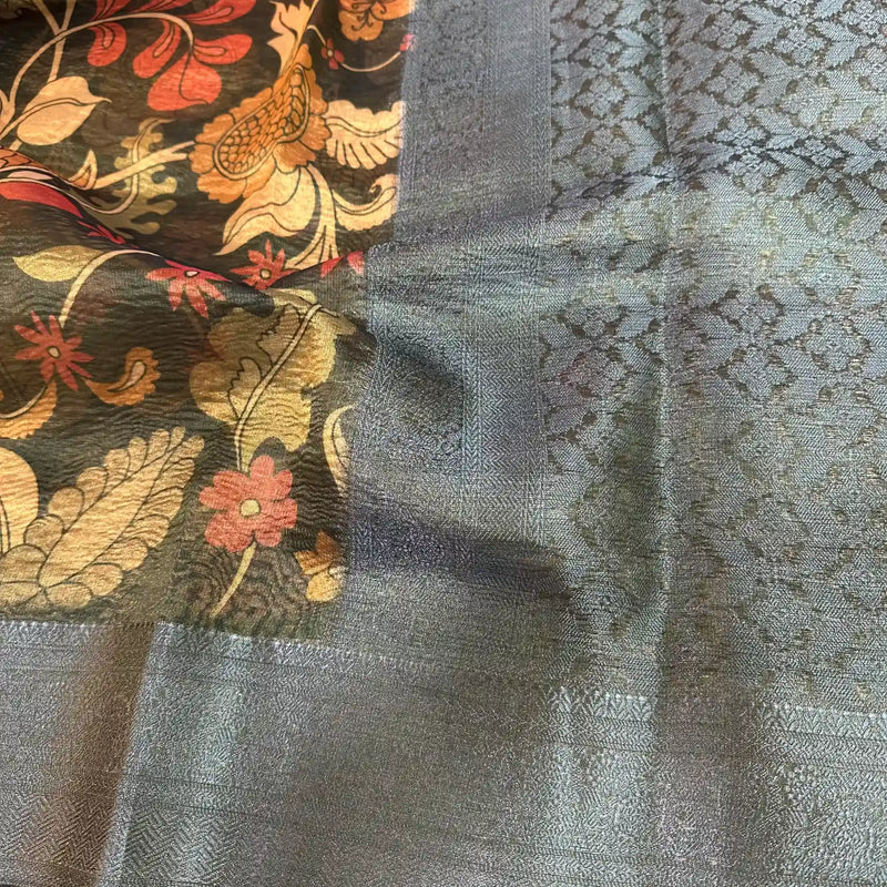 Dark Mehandi Green Crush Tissue Silk Kalamkari Saree
