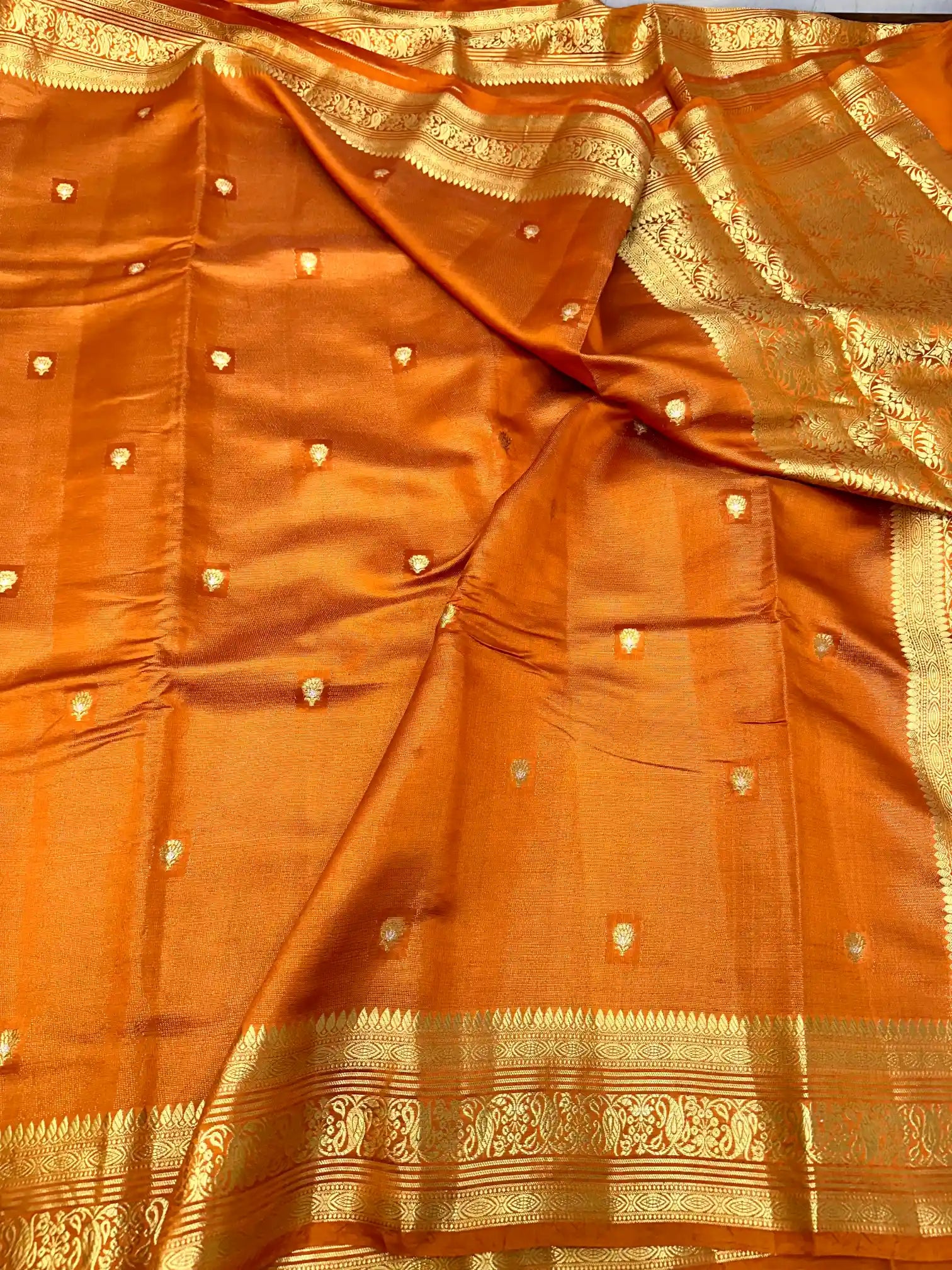 Dark Orange Zari Touch Raw Mango Silk Banarasi Saree