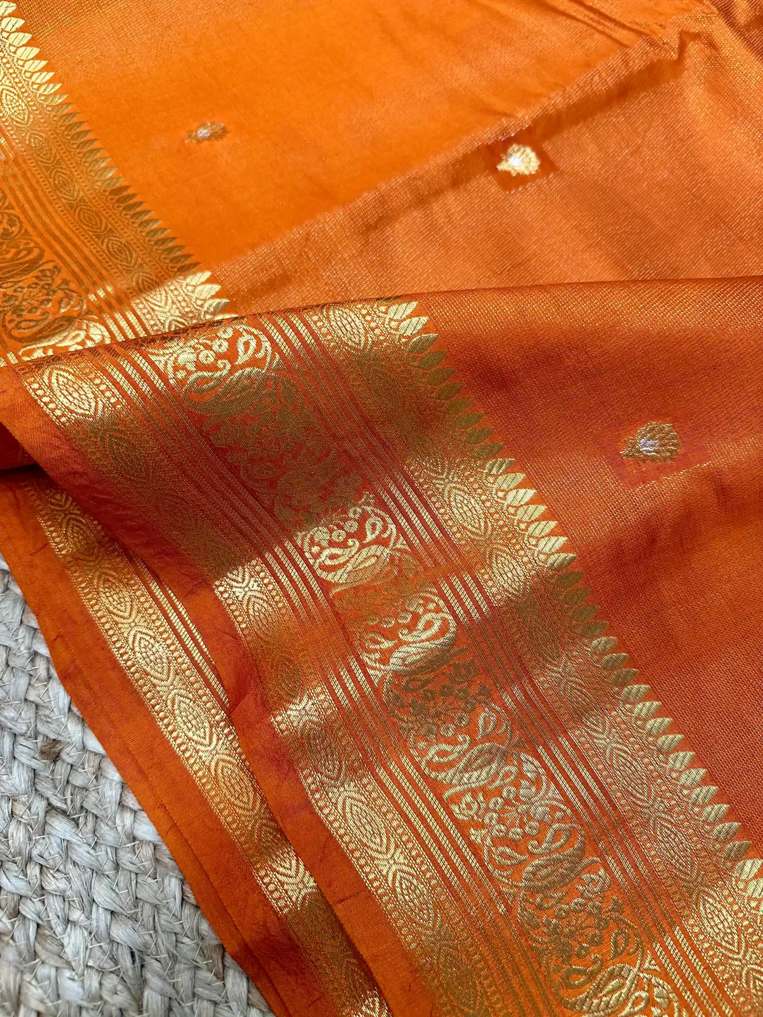 Dark Orange Zari Touch Raw Mango Silk Banarasi Saree