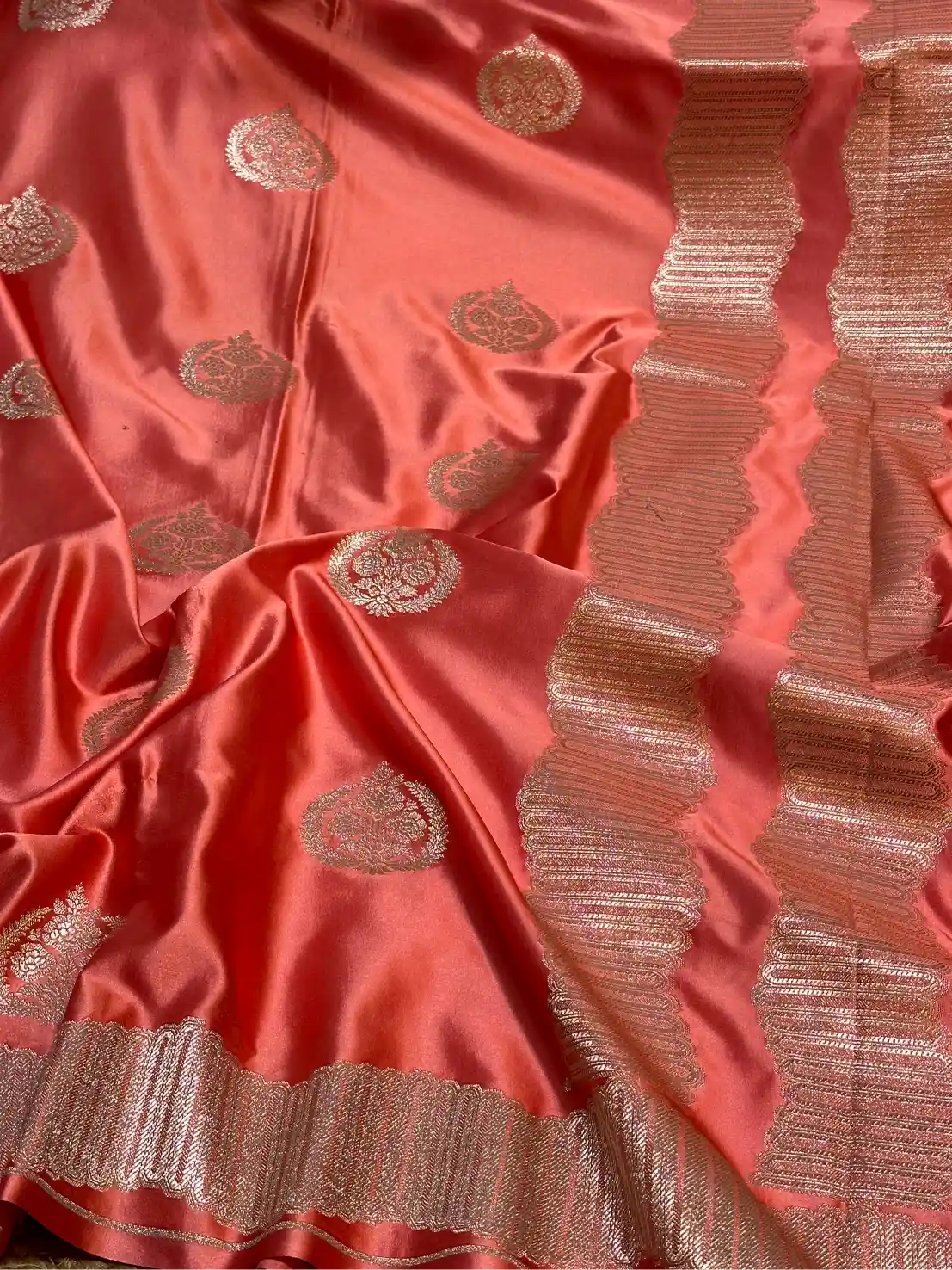 Dark Peach Mashru Katan Silk Contemporary Design Banarasi Saree