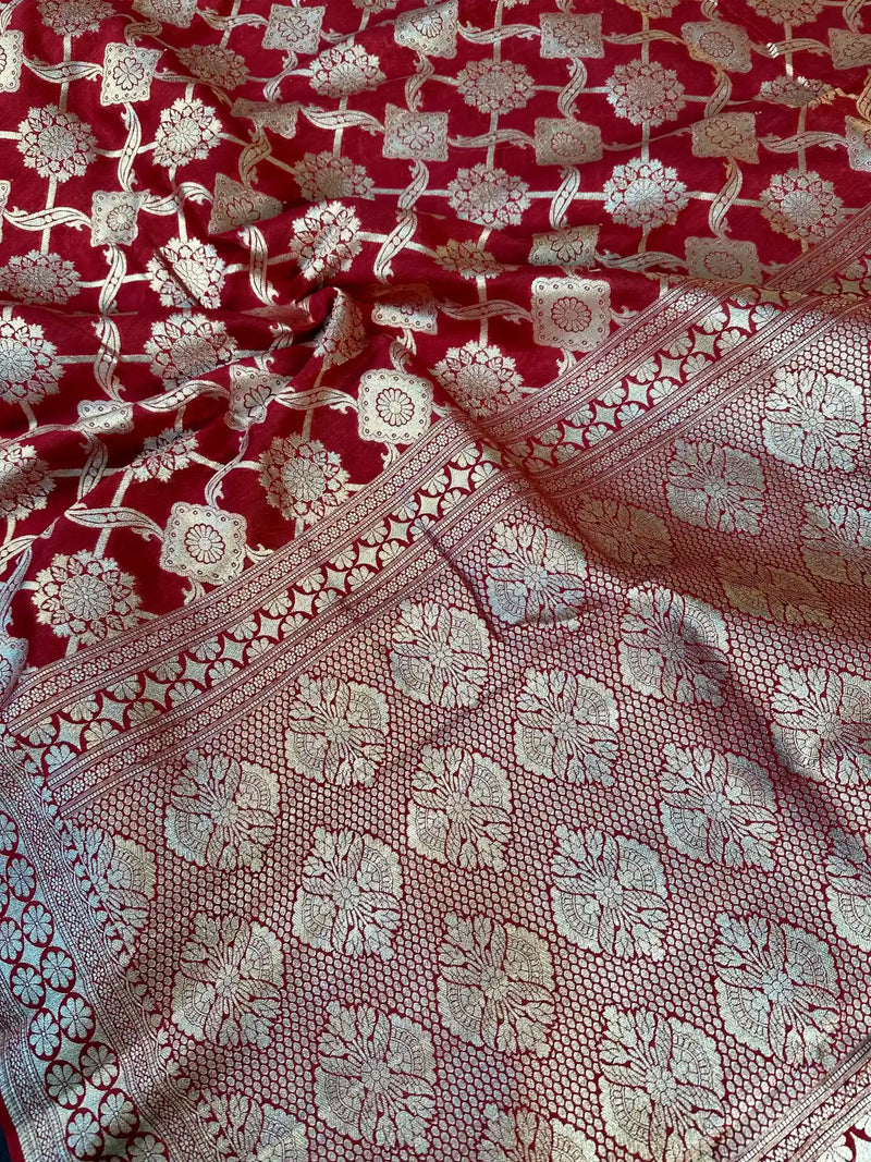 Dark Red Intricate Weave Munga Silk Saree 