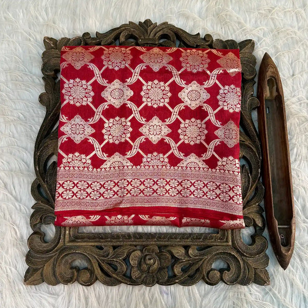 Dark Red Intricate Weave Munga Silk Saree