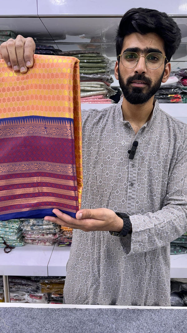 Dark Salmon Kathan Tissue Silk Brocade Weave Saree