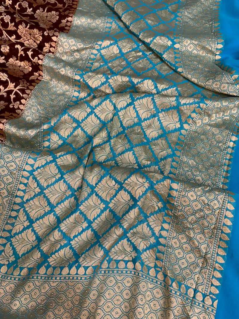 Dark Wine Floral Jaal Khaddi Georgette Banarasi Saree