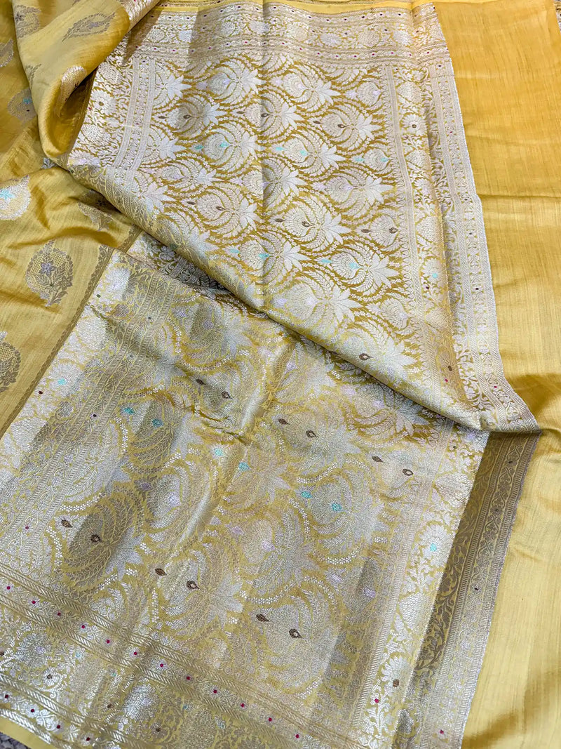 Dark Yellow Meenakari Buta Chiniya Silk Saree