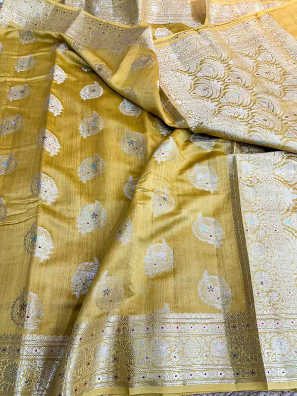 Dark Yellow Meenakari Buta Chiniya Silk Saree