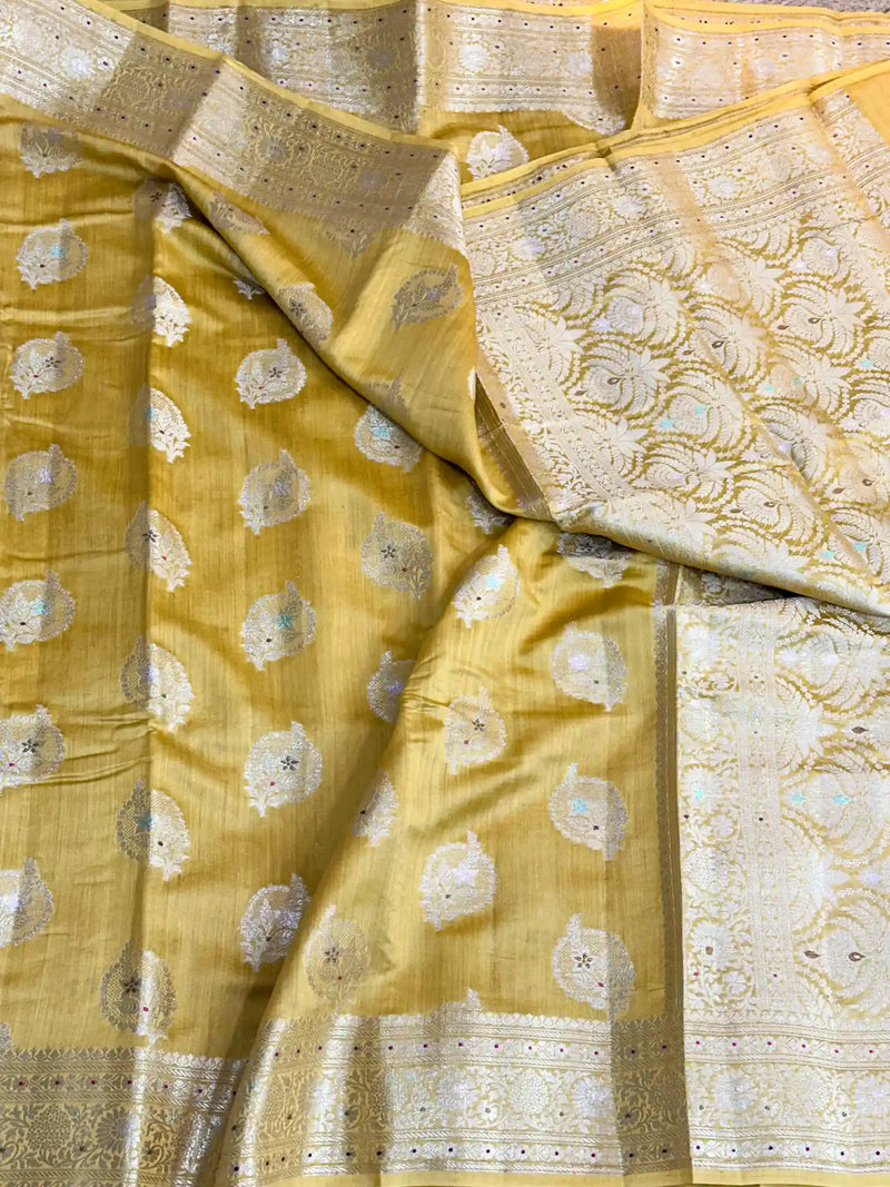 Dark Yellow Meenakari Buta Chiniya Silk Saree