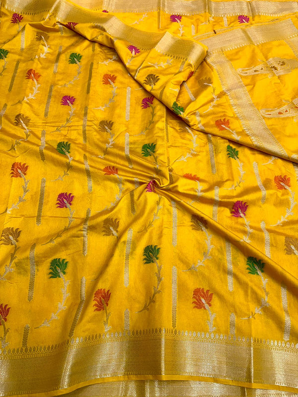 Dark Yellow Mysore Crepe Silk Meenakari Floral Saree
