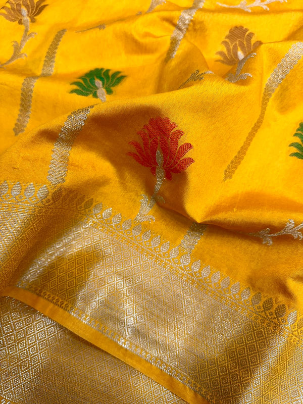 Dark Yellow Mysore Crepe Silk Meenakari Floral Saree