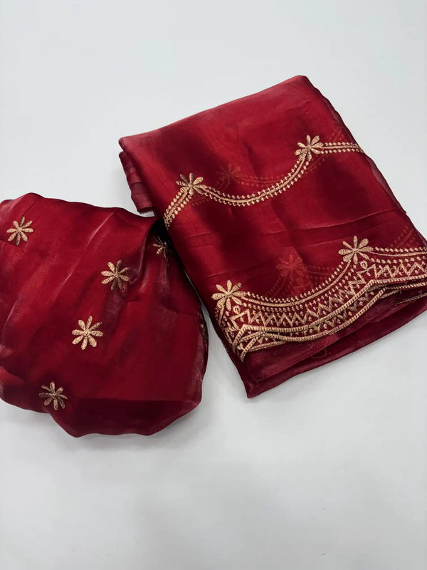 Deep Carmine Shimmery Tissue Silk Saree