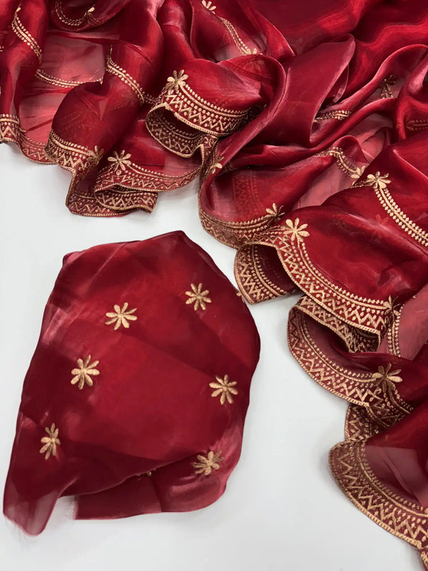 Deep Carmine Shimmery Tissue Silk Saree