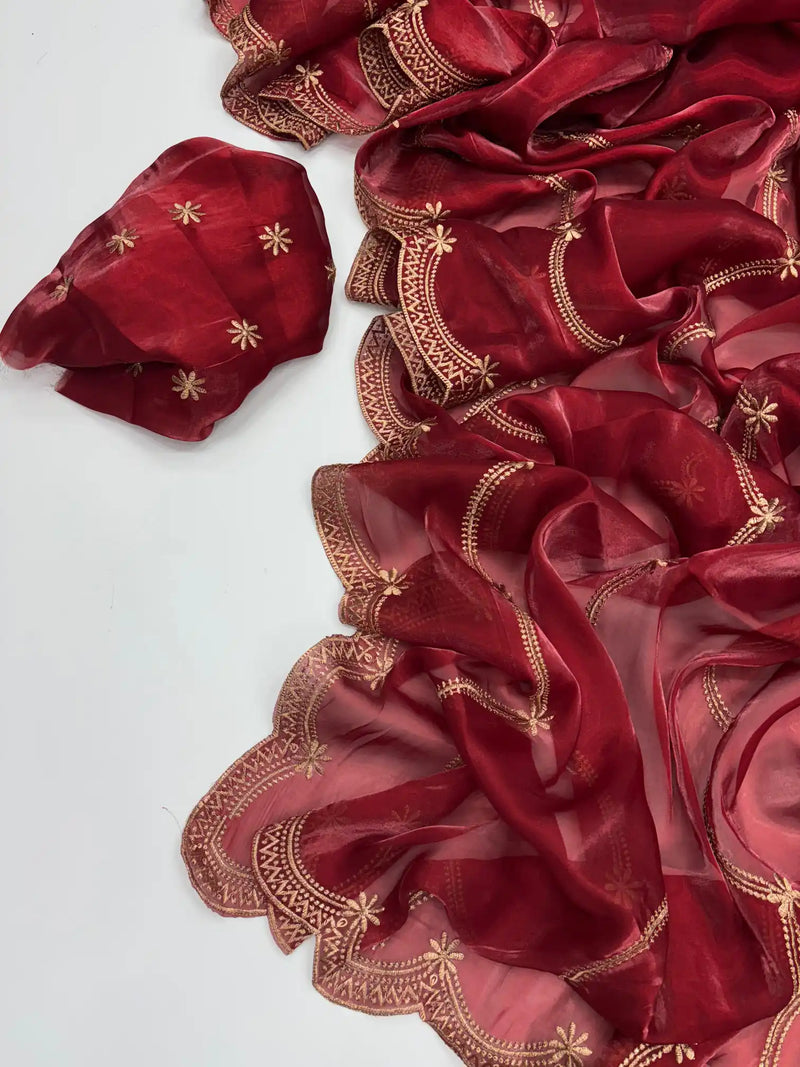 Deep Carmine Shimmery Tissue Silk Saree
