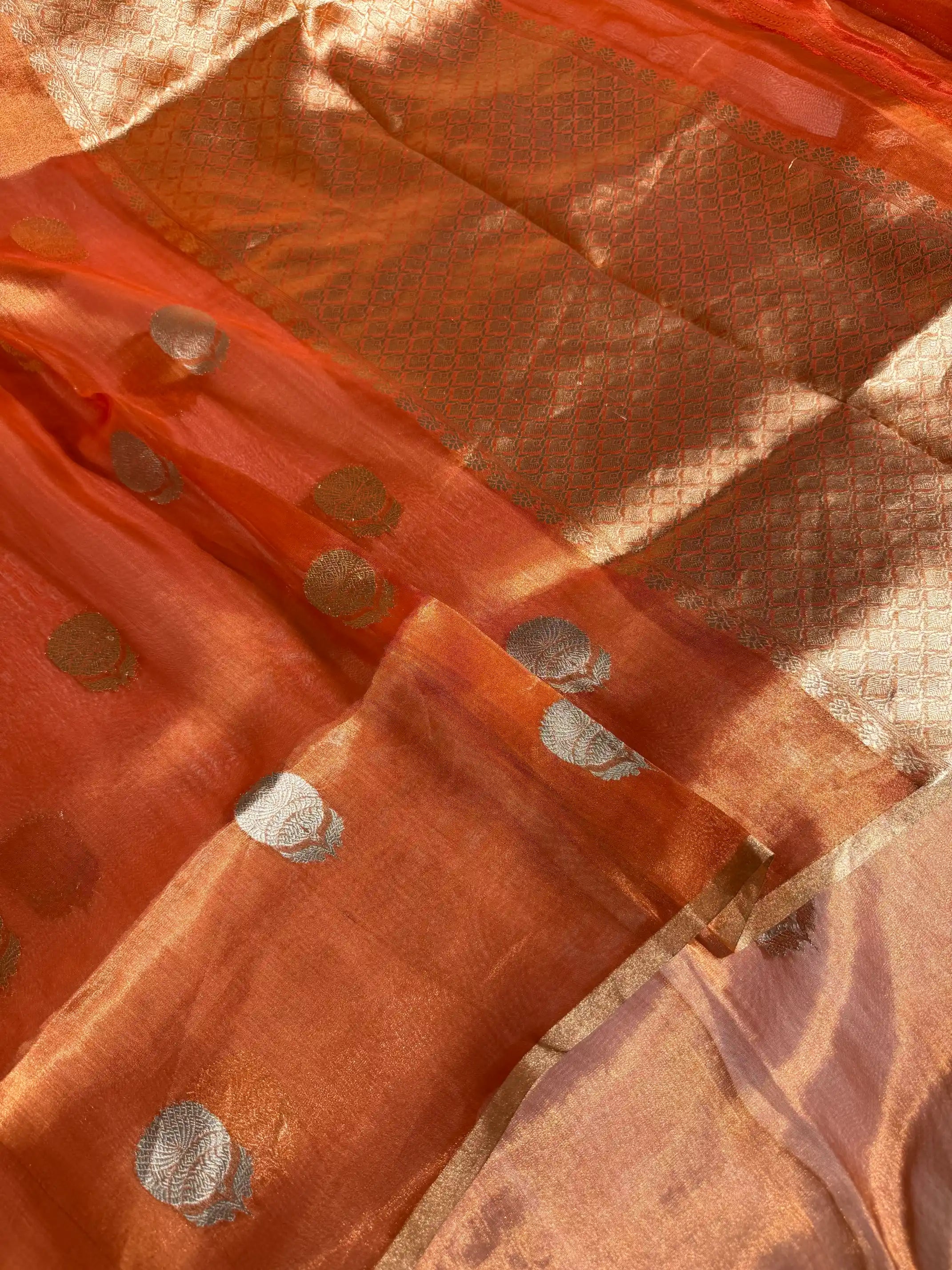 Deep Carrot Orange Handwoven Pure Tissue Silk Banarasi