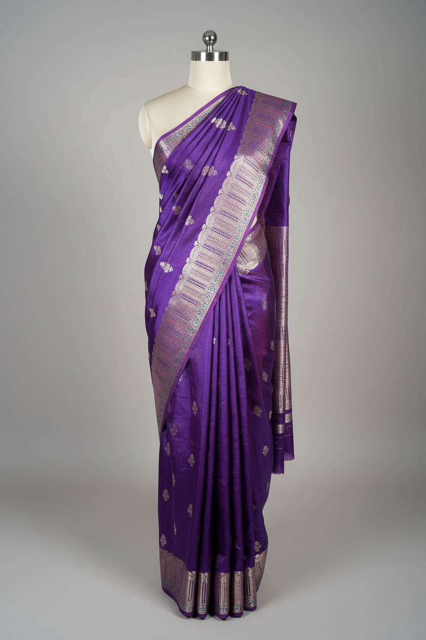 Deep Purple Chinia Silk Intricate Meenakari Weave Border Banarasi Saree