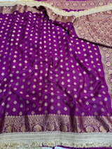 Deep Purple Khaddi Buti Georgette Silk Lace Attached Banarasi Saree 