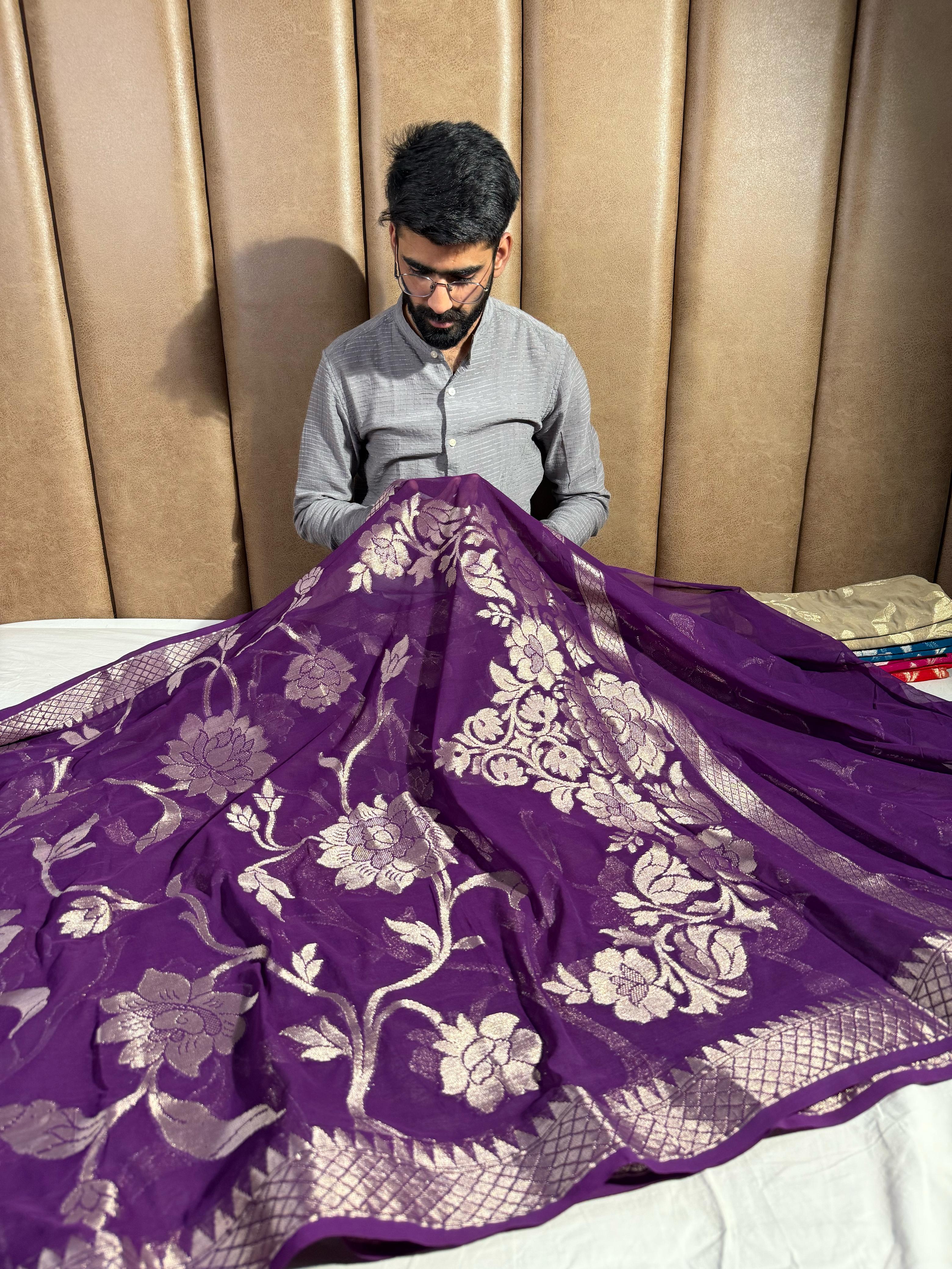 Deep Purple Premium Khaddi Chiffon Silk Jangla Banarasi Saree
