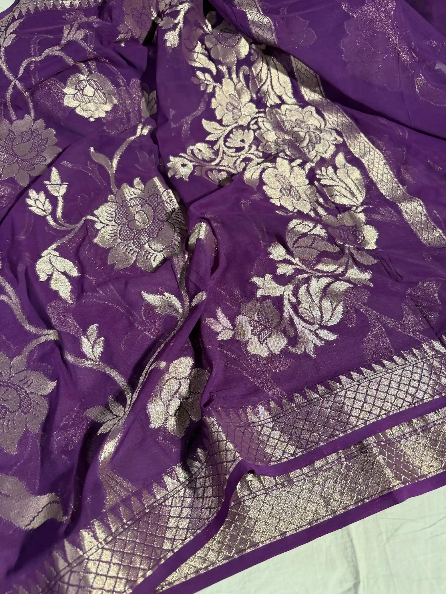 Deep Purple Premium Khaddi Chiffon Silk Jangla Banarasi Saree