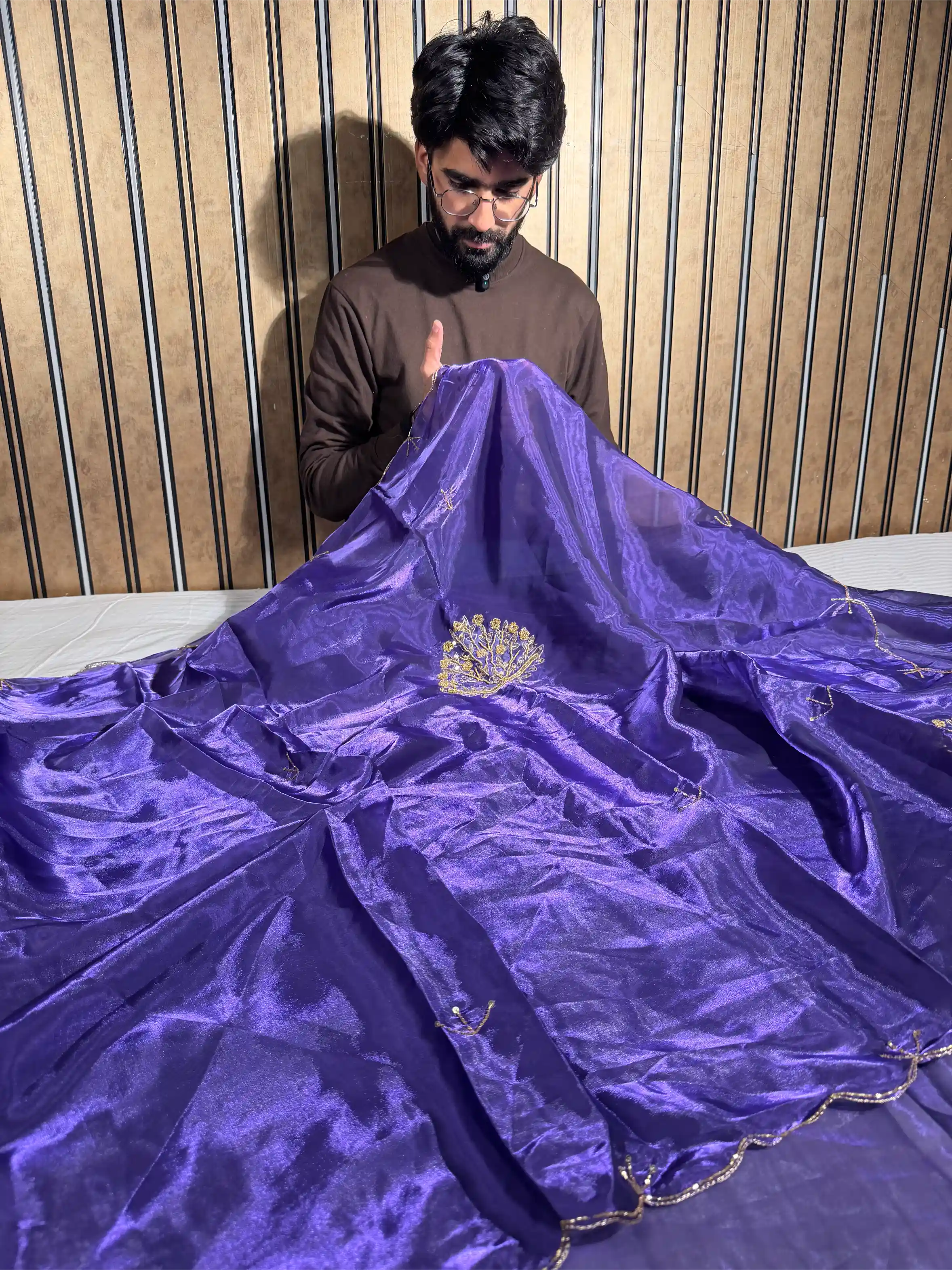 Deep Purple Shimmery Tissue Silk Handwork Saree