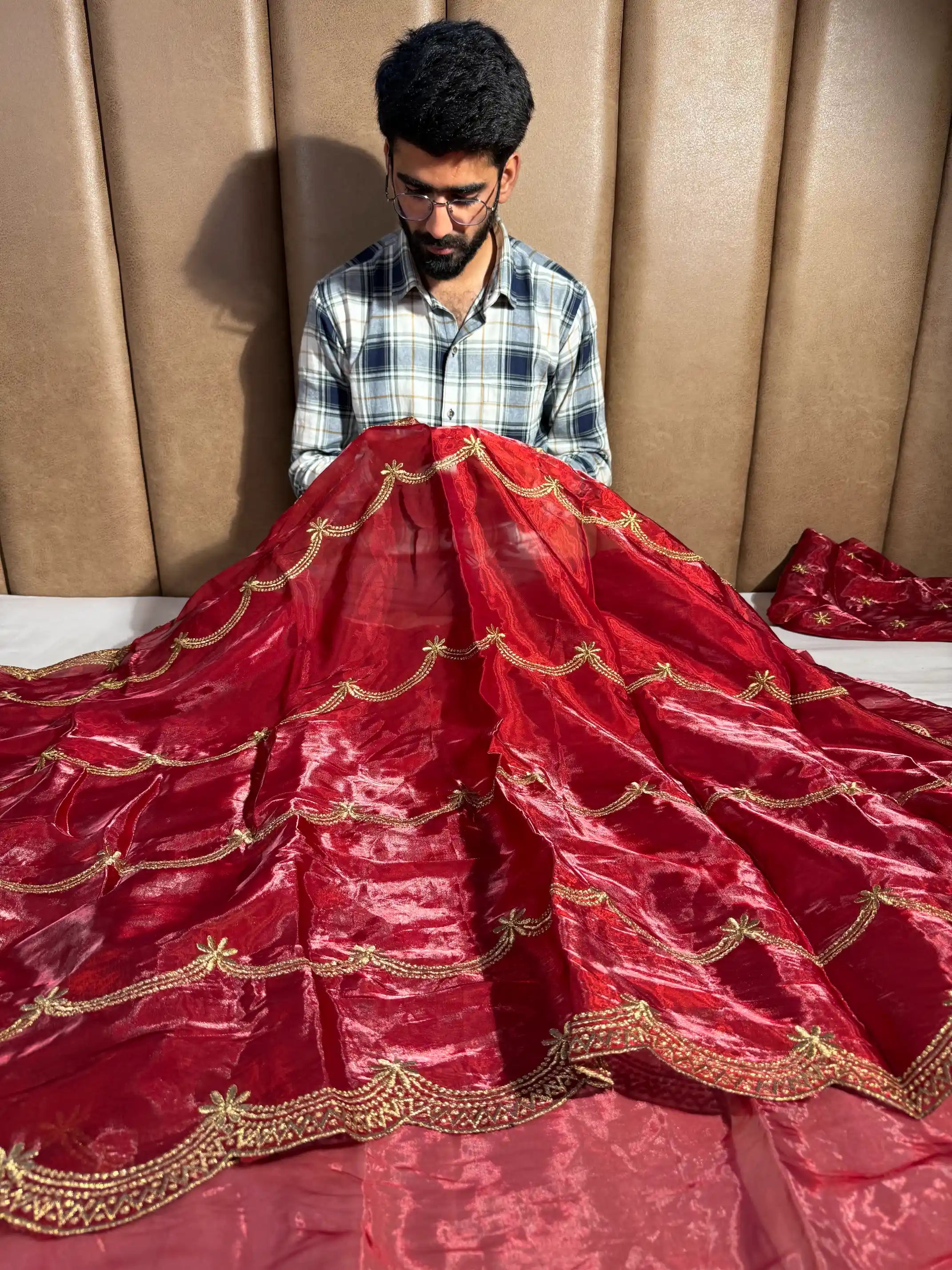 Deep Carmine Shimmery Tissue Silk Saree