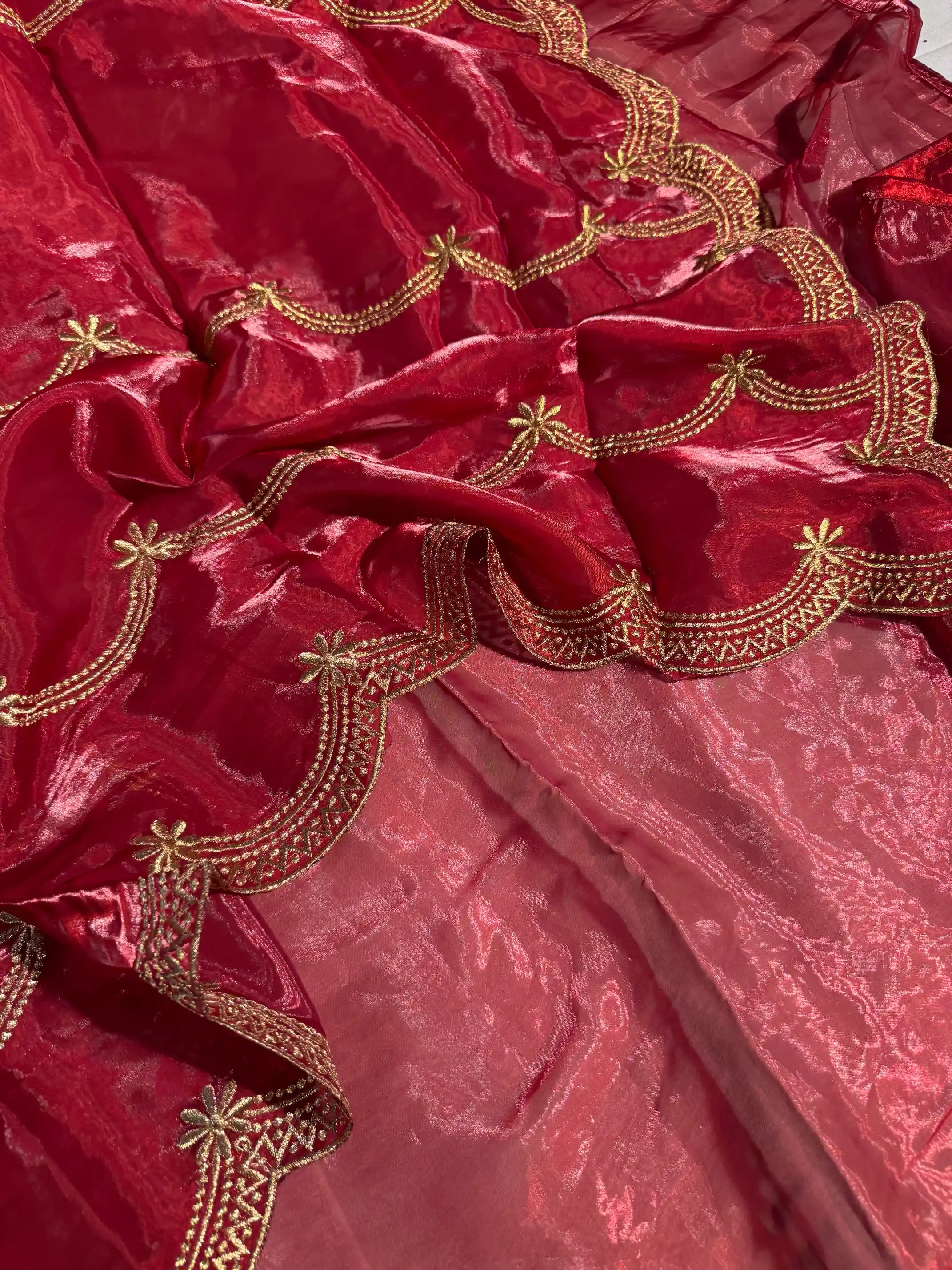 Deep Carmine Shimmery Tissue Silk Saree