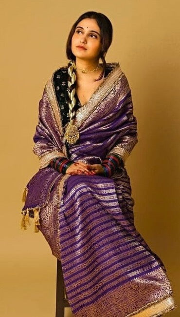 Deep Purple Georgette Banarasi Saree with Handloom Inspired Stripes Design And Pretty Lace Attached 