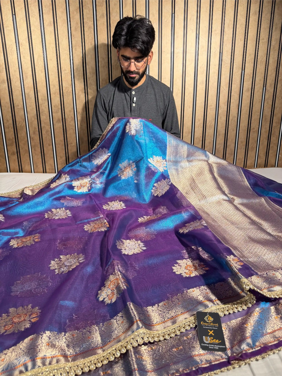 Dhoop Chaon Blue Premium Tissue Silk Designer Saree