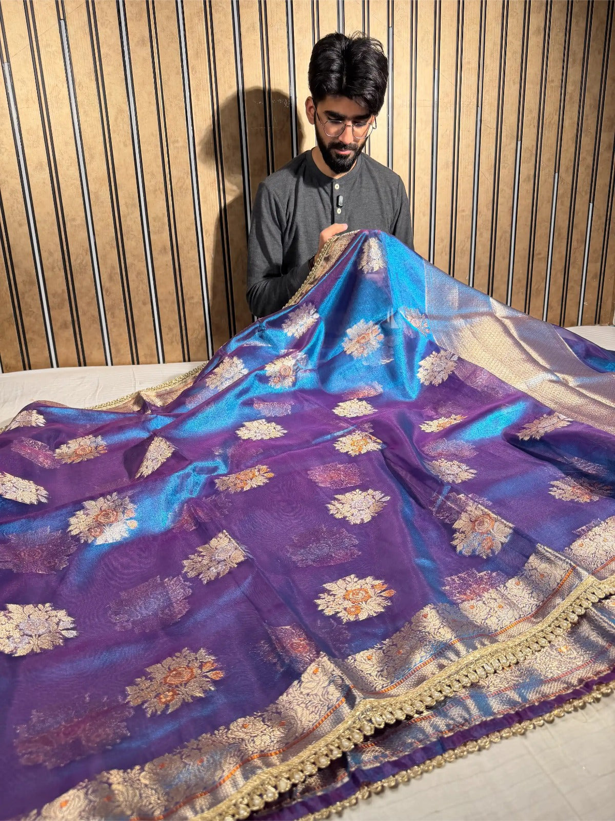 Dhoop Chaon Blue Premium Tissue Silk Designer Saree