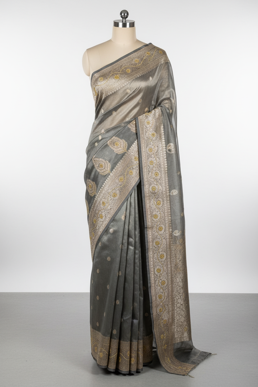 Dhoop Chaon Grey Premium Tissue Silk Designer Saree