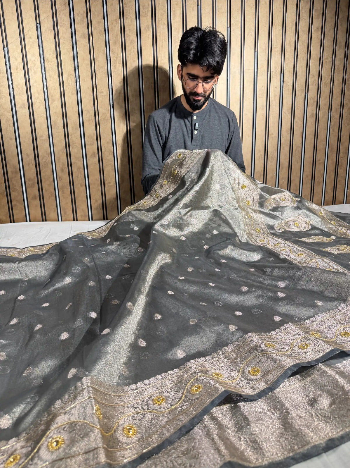 Dhoop Chaon Grey Premium Tissue Silk Designer Saree