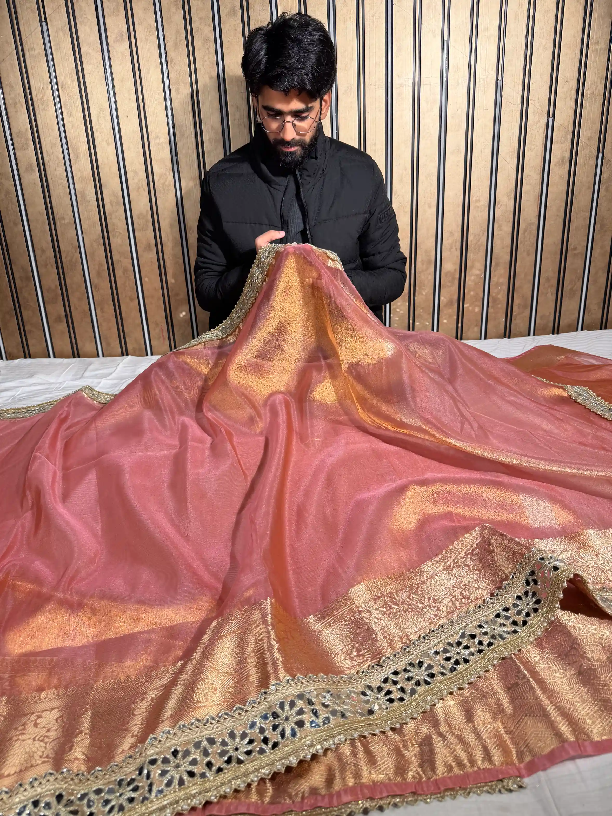 Dhoop Chaon Peach Tissue Silk Mirror Work Banarasi Saree