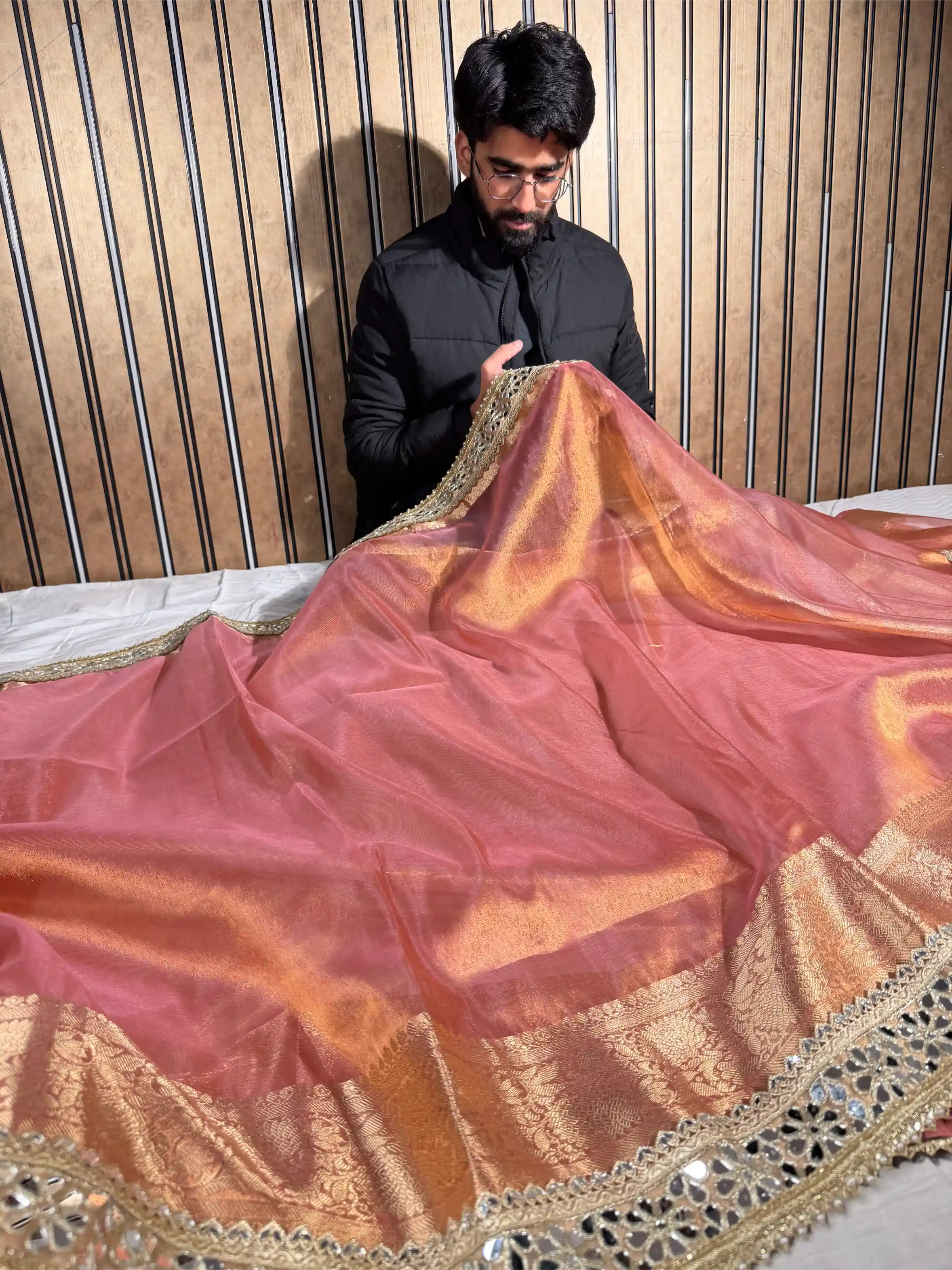 Dhoop Chaon Peach Tissue Silk Mirror Work Banarasi Saree