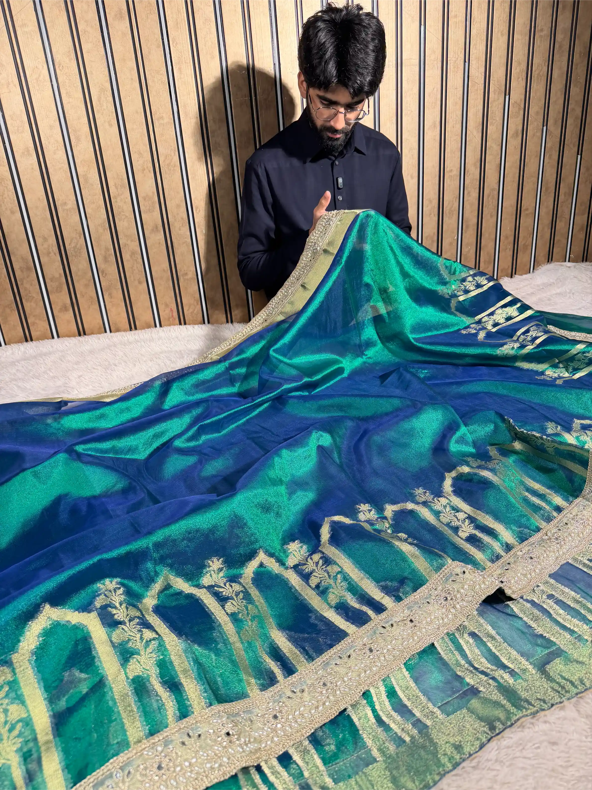 Dhoop Chaon Peacock Heritage Tissue Silk Designer Lace Work Banarasi Saree