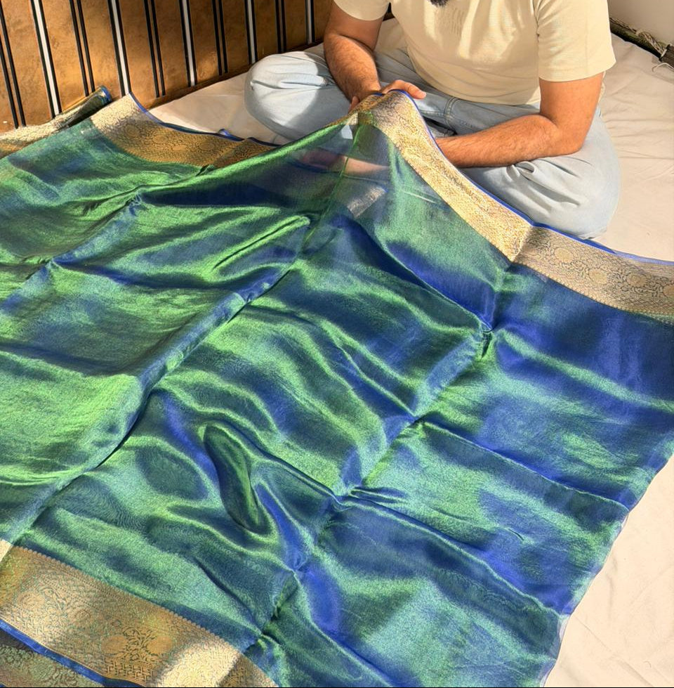 Dhoop Chaon Peacock Pure Tissue Silk Banarasi Saree