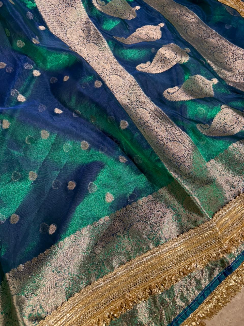 Dhoop Chaon Peacock Shade Tissue Silk Designer Banarasi Saree