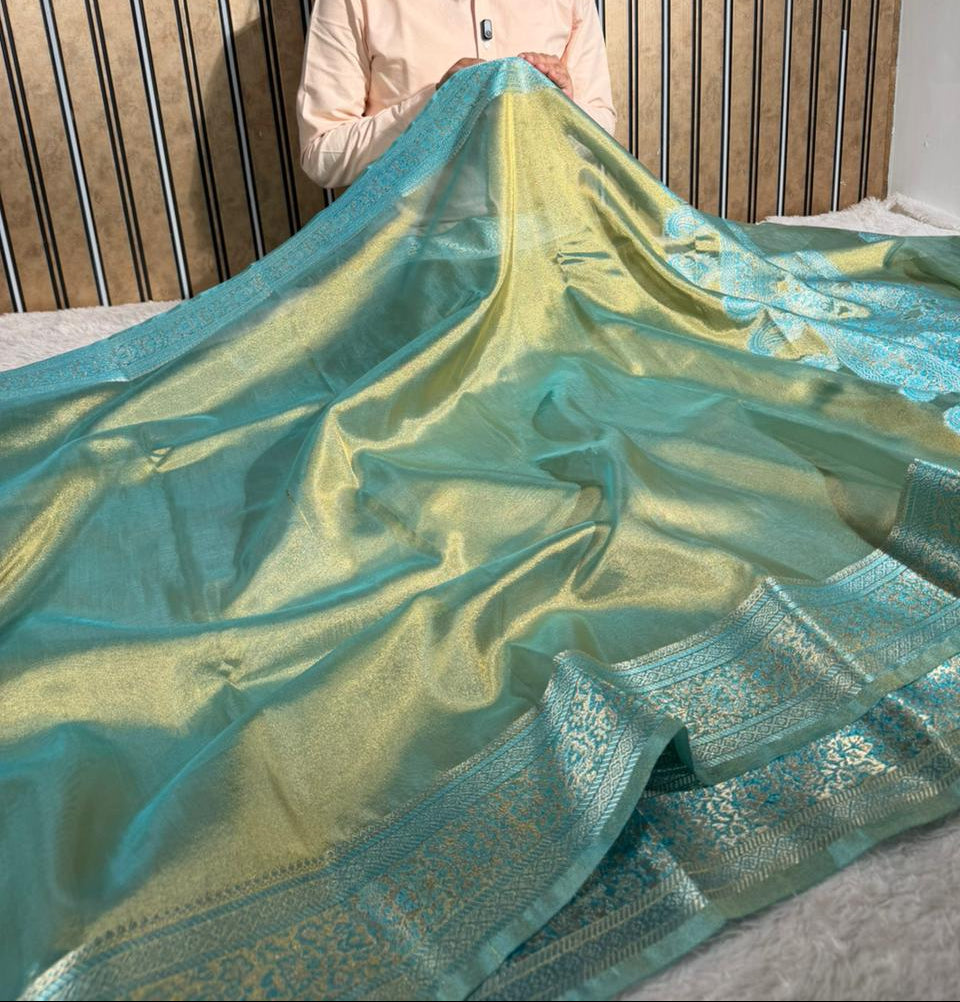 Dhoop Chaon Sea Green Soft Tissue Silk Banarasi Saree