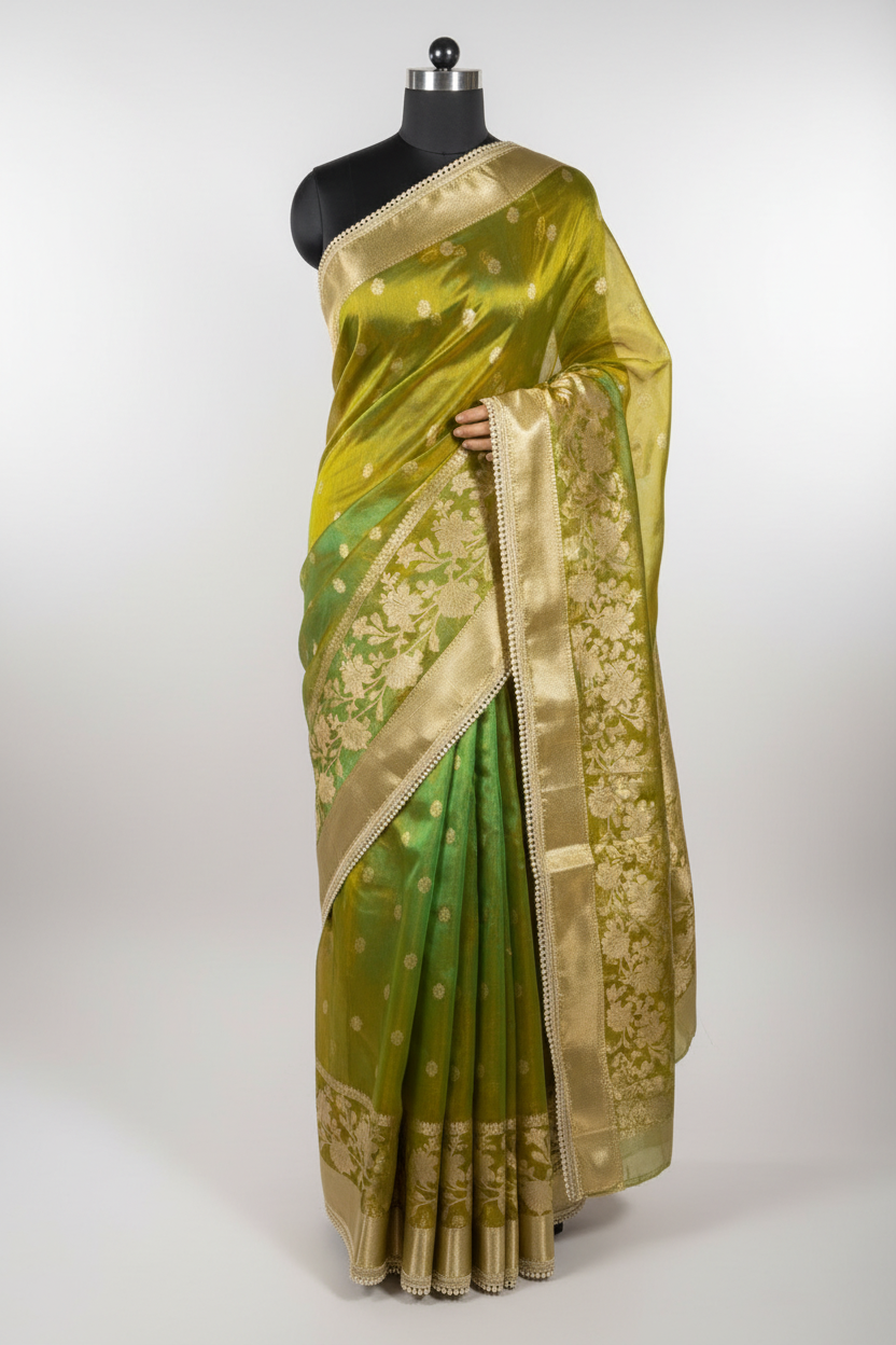 Dhoop chaon green kora tissue designer Banarasi Saree