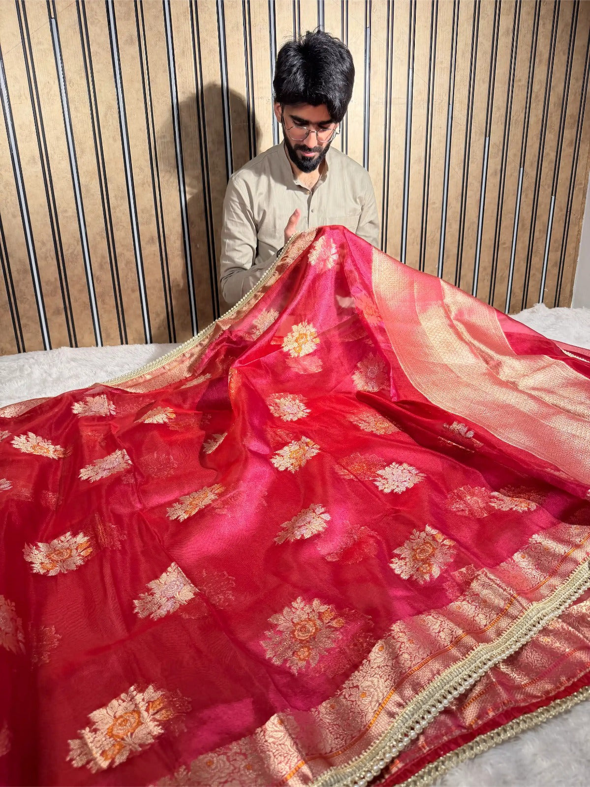 Dhoop chaon red premium tissue silk designer saree
