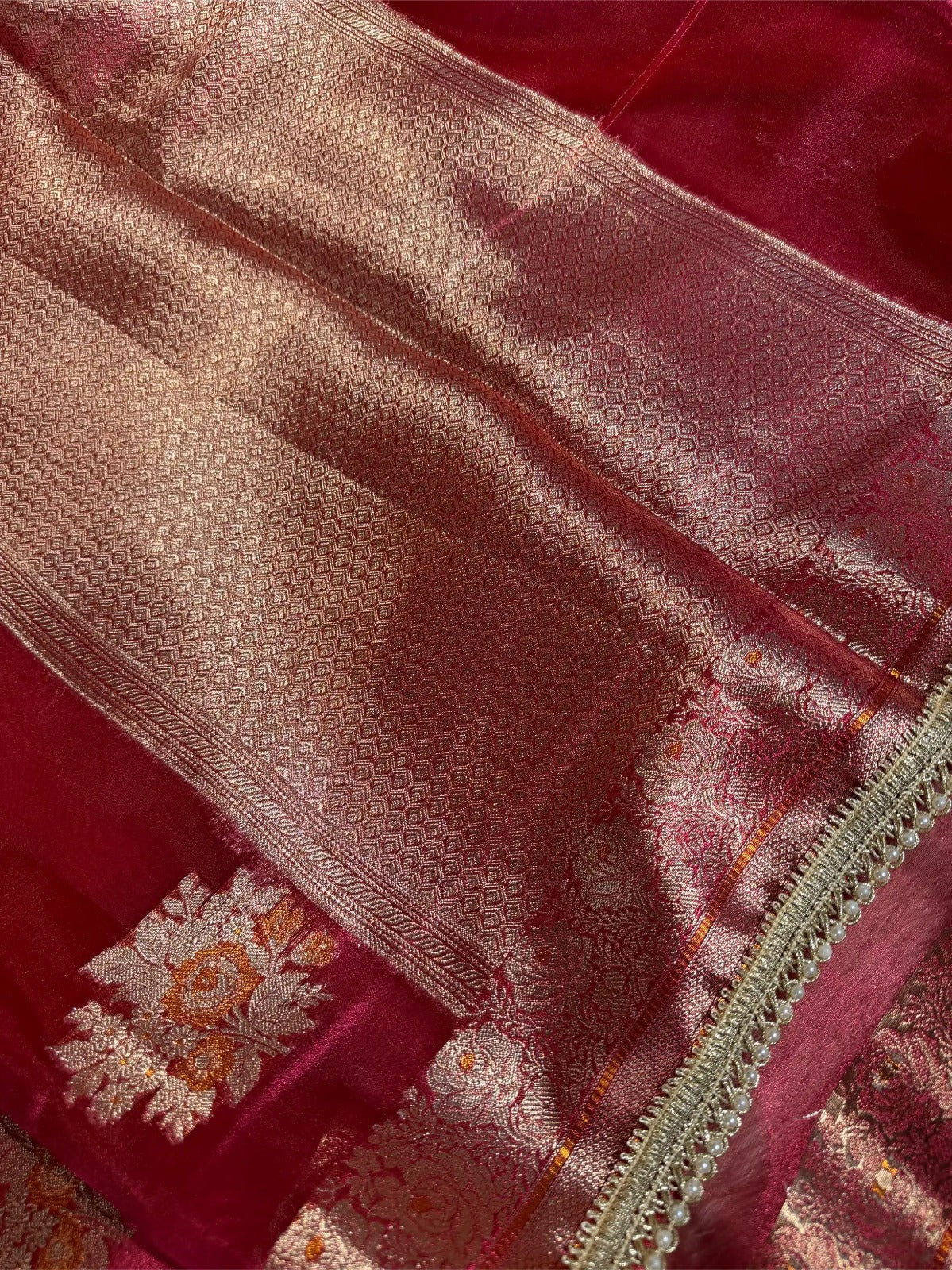 Dhoop chaon red premium tissue silk designer saree
