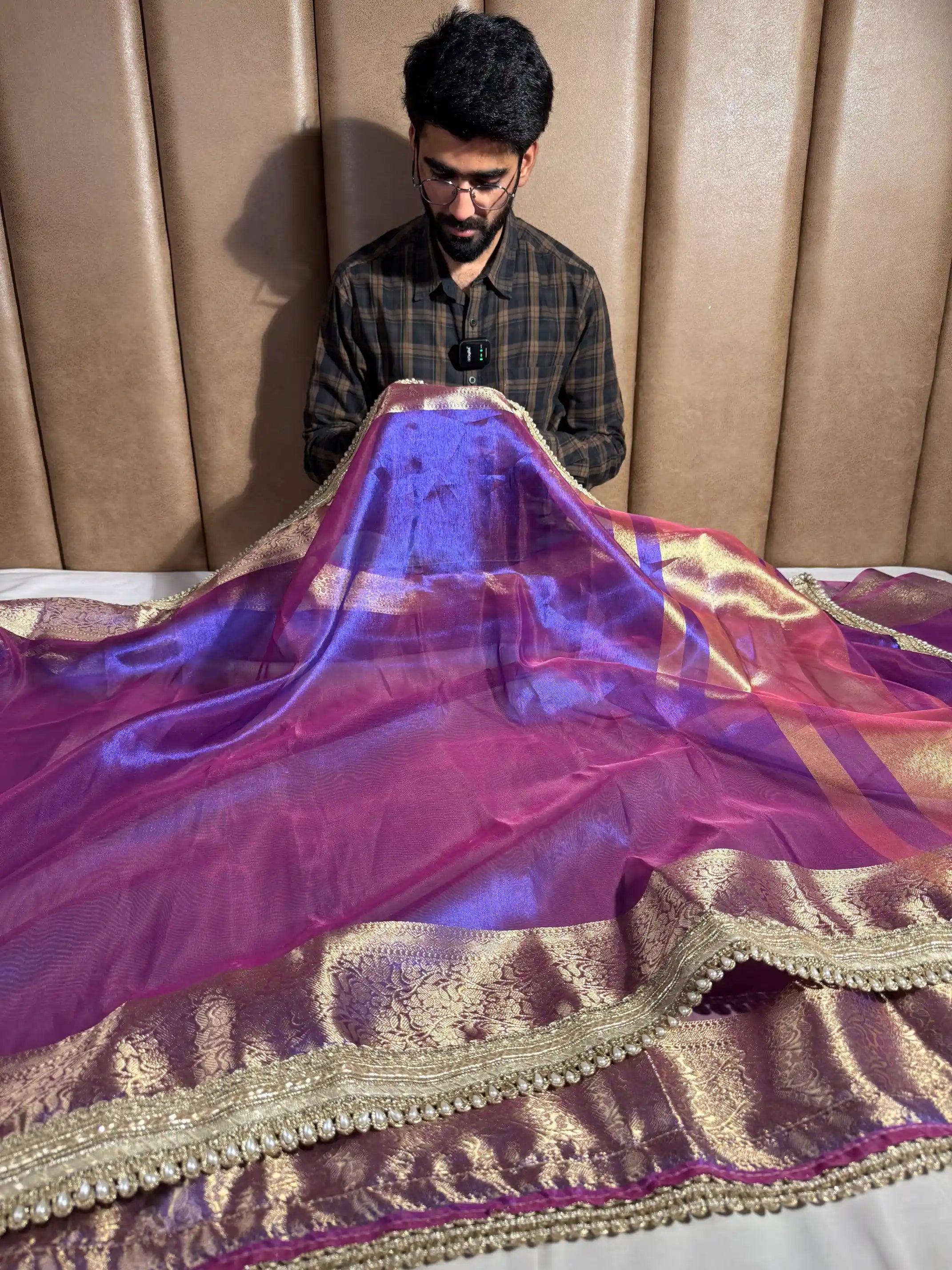 Dual Shaded Baigani Tissue Silk Lace Work Banarasi Saree